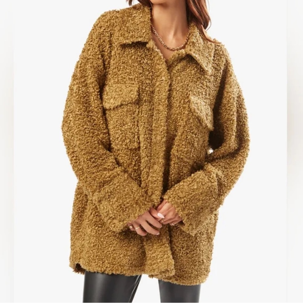 weworewhat Oversized Teddy Shacket in olive tan color in size M/L